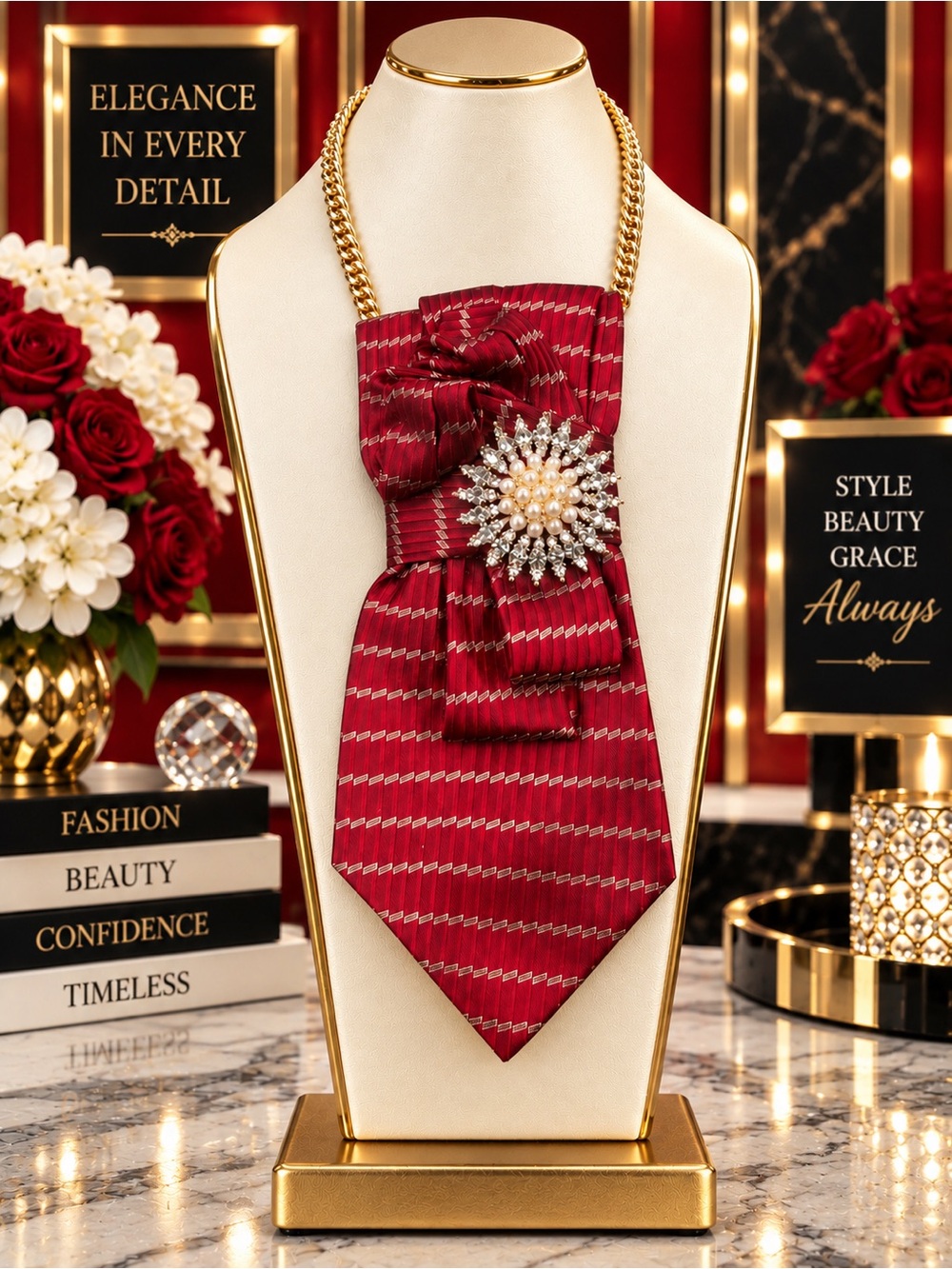 OOAK NWOT Red Gold 100% Silk Tie Necklace Handcrafted Crystal Pearl Wearable Art